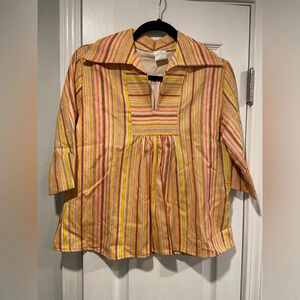 VTG 70s AJ Uppers Pointed Collar 3/4 Sleeve Yellow Striped V Neck Top Size L